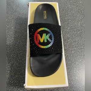 Michael Kors - Jett Charm Crystal Slides - Black/Rainbow - Girls size 4